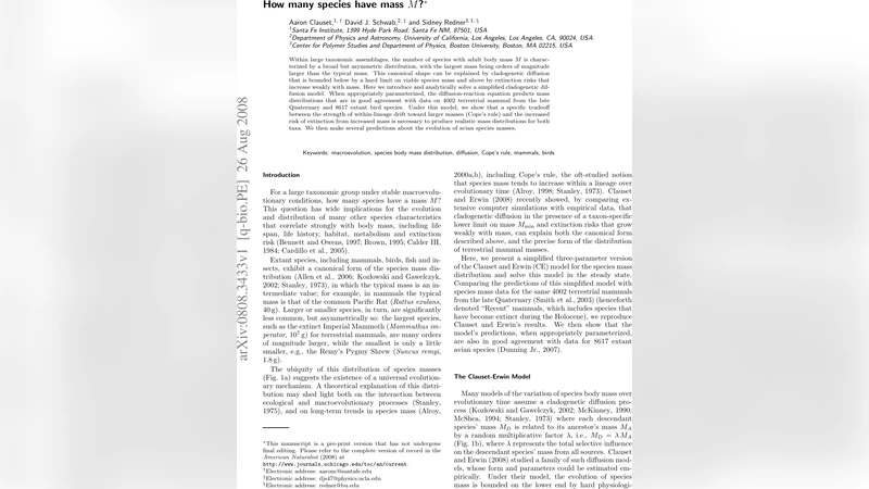 대형 포유류와 조류의 몸무게 분포를 설명하는 확산‑반응 모델