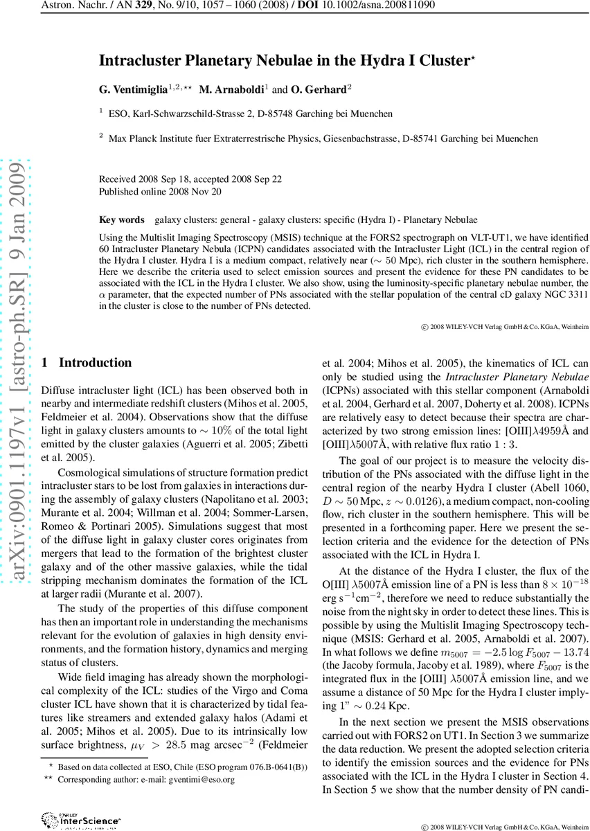 하이드라 I 은하단의 성간 행성상 성운 탐색