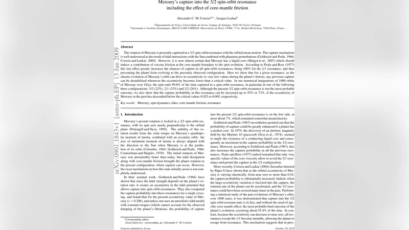 수성의 삼분의 이 스핀궤도 공명 포획과 핵 맨틀 마찰 효과