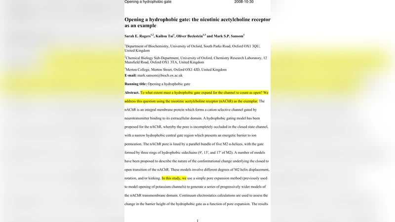 니코틴성 아세틸콜린 수용체의 소수성 게이트 개방 메커니즘: 최소 반경 팽창량 규명