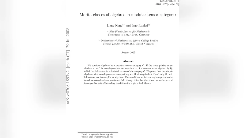 모듈러 텐서 범주에서 알제브라의 모리타 클래스와 전면 중심