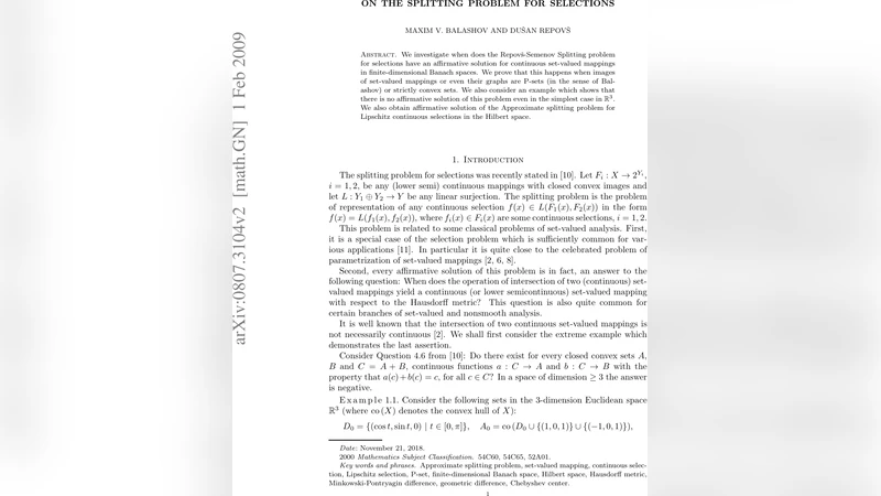 연속 선택 함수의 분할 문제와 P‑집합 및 엄격볼록성