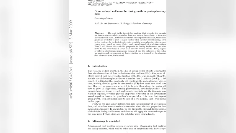 별 주변 원시 행성계 원반에서 먼지 성장의 관측 증거