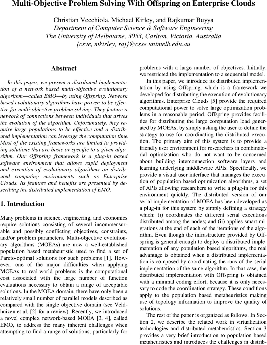 엔터프라이즈 클라우드에서 오프스프링을 활용한 다목적 진화 알고리즘 구현