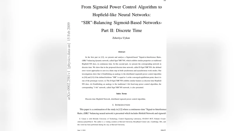 시그모이드 전력 제어에서 홉필드 신경망까지 이산형 SIR 균형 네트워크