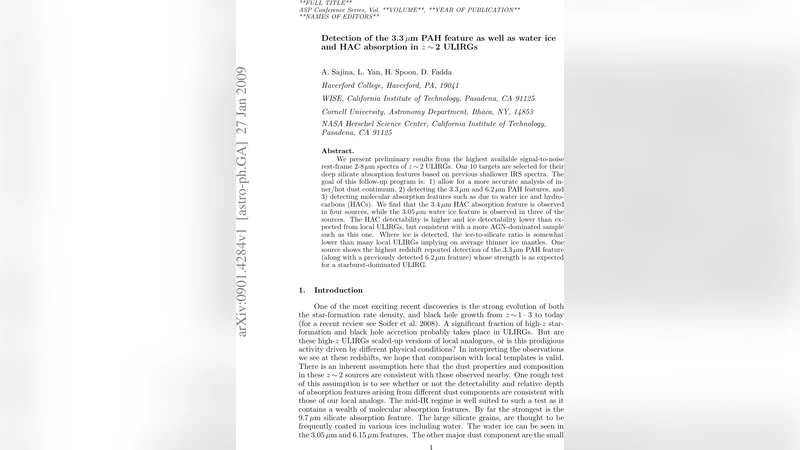 z 2 ULIRG에서 3.3마이크론 PAH와 물 아이스 및 탄화수소 흡수 검출