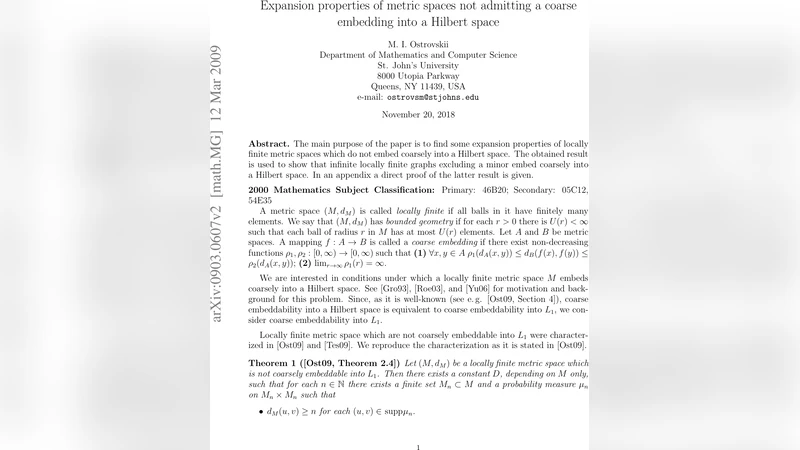 히Hilbert 공간에 조밀하게 삽입되지 않는 거리공간의 확장 성질