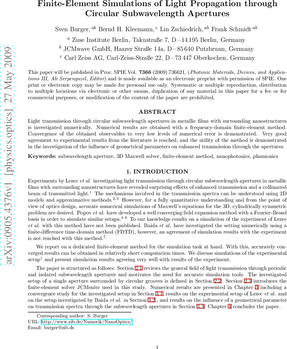 유한요소법을 이용한 원형 초파장 구멍을 통한 빛 전파 시뮬레이션