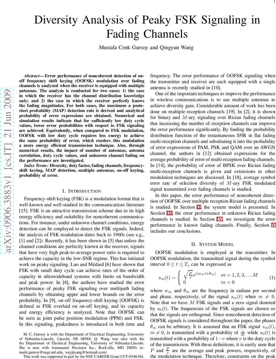 다중 안테나 환경에서 피키 OOFSK 변조의 다이버시티 분석