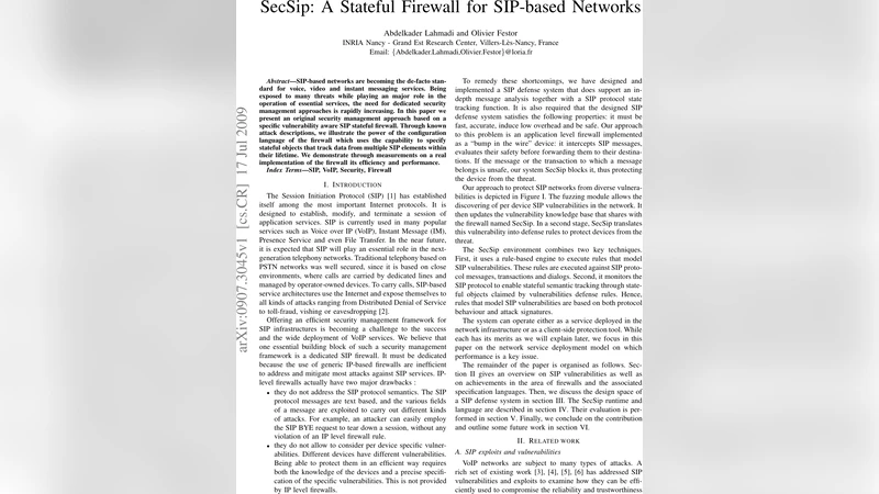 SIP 기반 네트워크를 위한 상태 기반 방화벽 SecSip