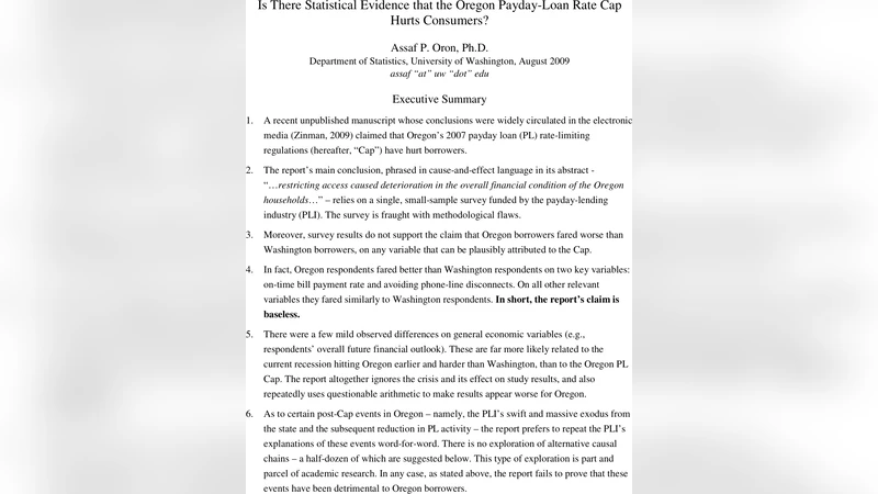 오리건 주 페이데이 대출 규제 소비자에게 손해 통계적 증거는 없다