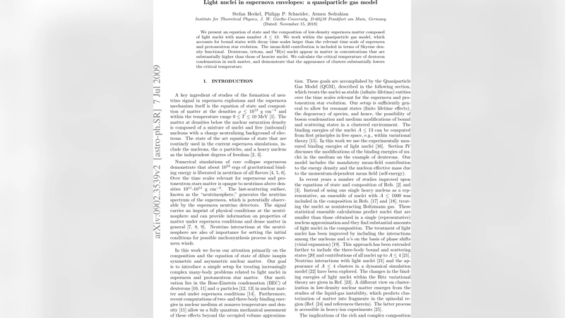 초저밀도 초신성 물질에서 가벼운 핵들의 행동: 준입자 가스 모델 연구