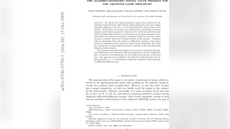 알레브로기하학적 초기값 문제와 Ablowitz Ladi 계층의 전역 해법