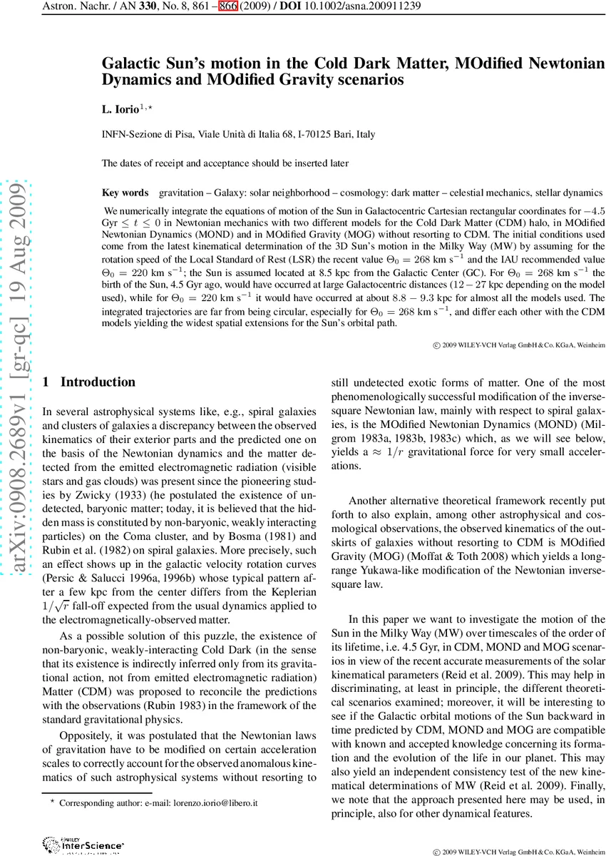 은하 중심 태양의 움직임: CDM, MOND, MOG 시나리오 비교