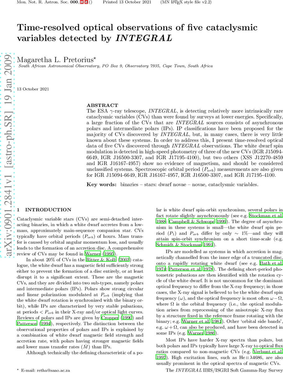 INTEGRAL이 발견한 다섯 개 CV의 광학 시간분해 관측 결과
