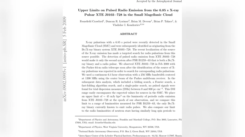 SMC 비에이/엑스레이 이진계 XTE J0103‑728의 무선 펄스 탐색, 상한선 제시
