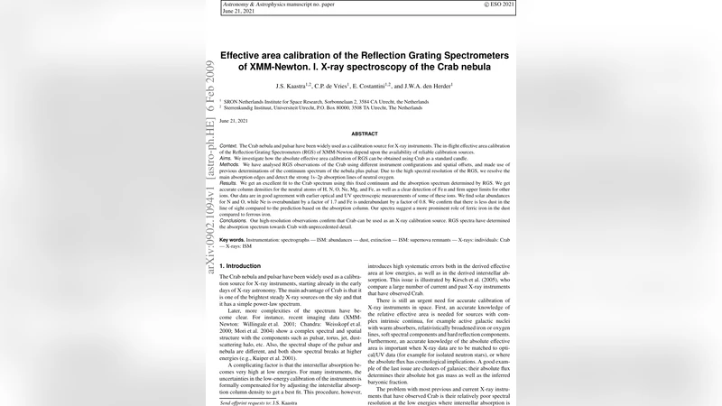 XMM Newton RGS 유효면적 교정 크랩 X선 스펙트럼 표준 캔들 검증