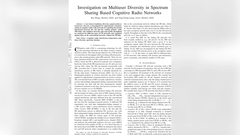 스펙트럼 공유 인지 라디오 네트워크의 다중 사용자 간섭 다양성 연구