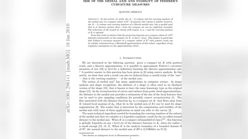 메디얼 축의 부피와 페더러 곡률 측정의 안정성