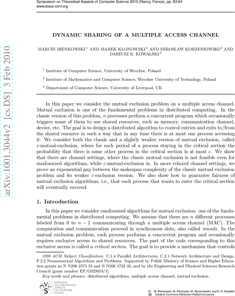 다중 접근 채널에서 동적 상호배제와 ε 배제의 가능성