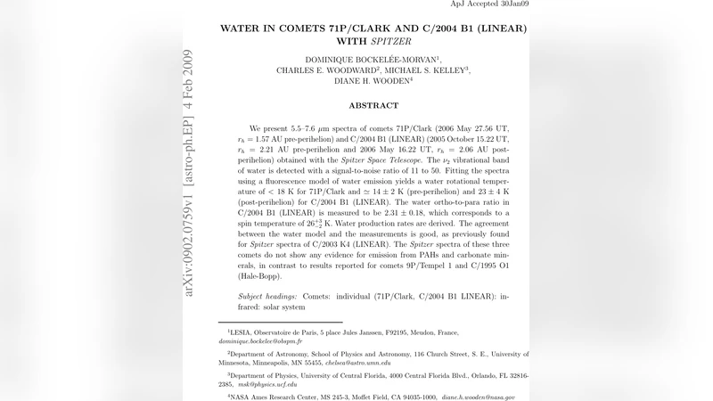 혜성 물분자 스펙트럼: 스피처로 본 71P와 C/2004 B1의 온도와 스핀