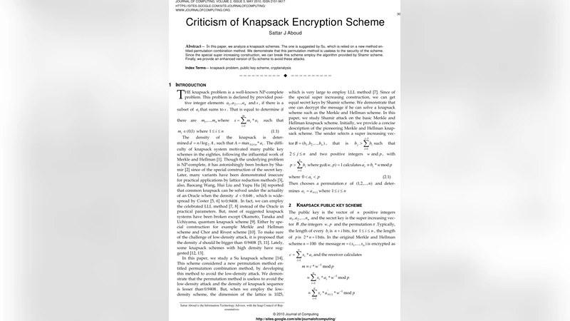 수의 knapsack 암호 체계에 대한 비판과 개선 방안