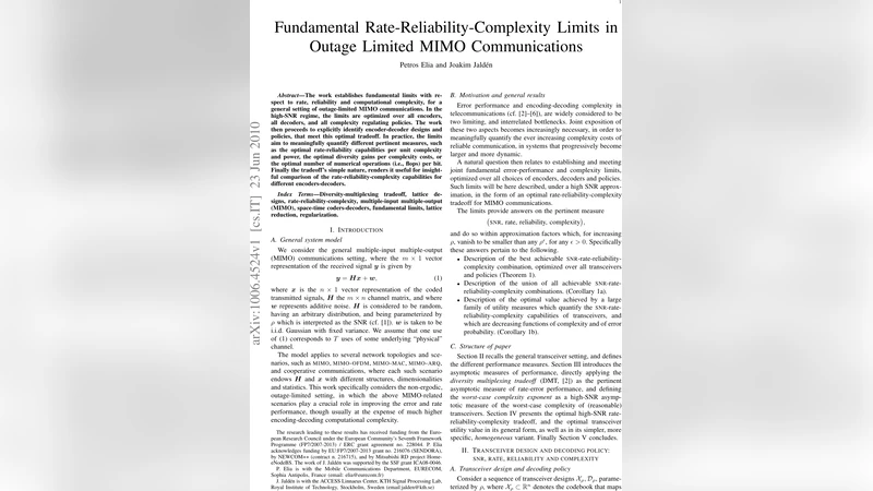 아웃리지 제한 MIMO 통신의 근본적인 전송률 신뢰도 복잡도 한계