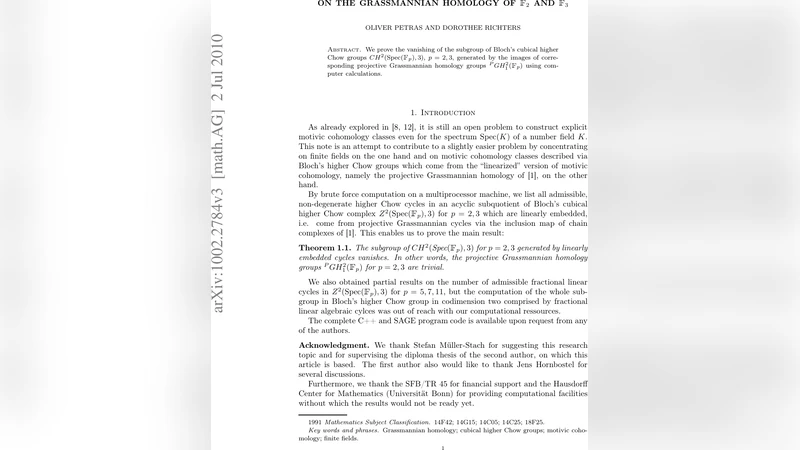 유한체 F2와 F3에서의 Grassmannian 동류학과 차수 2 고차 Chow 군의 소멸