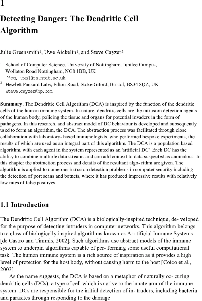 위험 감지를 위한 수지상 세포 알고리즘