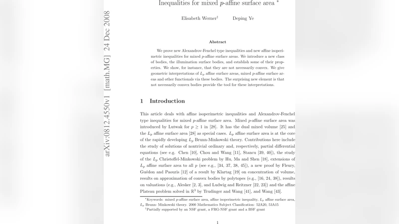 혼합 p‑아핀 표면적에 대한 새로운 부등식과 조명 표면체의 기하학적 해석