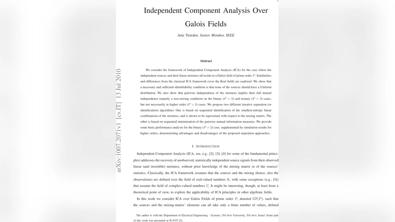 가우스 필드 위 독립 성분 분석: 이산 체계에서의 식별성과 알고리즘