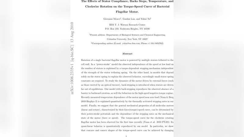 바이오모터의 토크‑속도 곡선: 스테이터 탄성, 역스텝, 온도와 시계방향 회전의 통합 모델