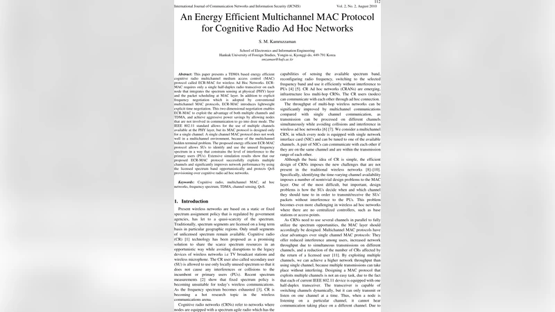 다중채널 인지무선 네트워크를 위한 에너지 효율 TDMA MAC 프로토콜