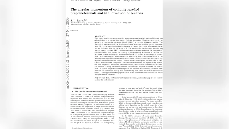 희박한 원시행성체 충돌이 만든 이중성의 각운동량