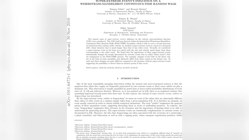 위어스트라스 만델브로트 연속시간 랜덤워크에서 초극단 사건이 속도 자기상관에 미치는 영향