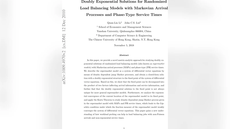 마코프 도착 과정과 위상형 서비스 시간에 대한 무작위 부하 균형 모델의 이중 지수 해법