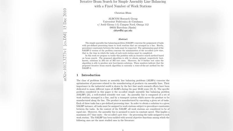 고정 작업장 수를 가진 단순 조립 라인 균형 문제를 위한 반복 빔 탐색