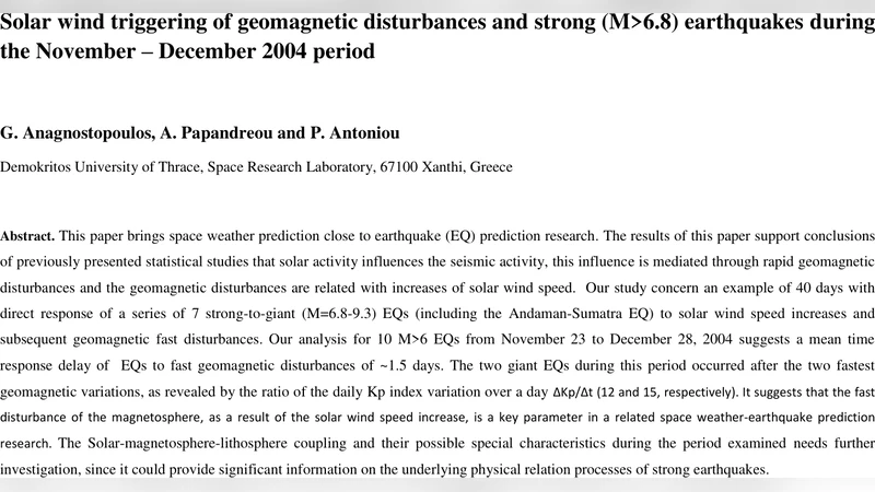 2004년 11~12월 태양풍에 의한 지자기 교란과 강진(M 6.8) 발생 연계 연구