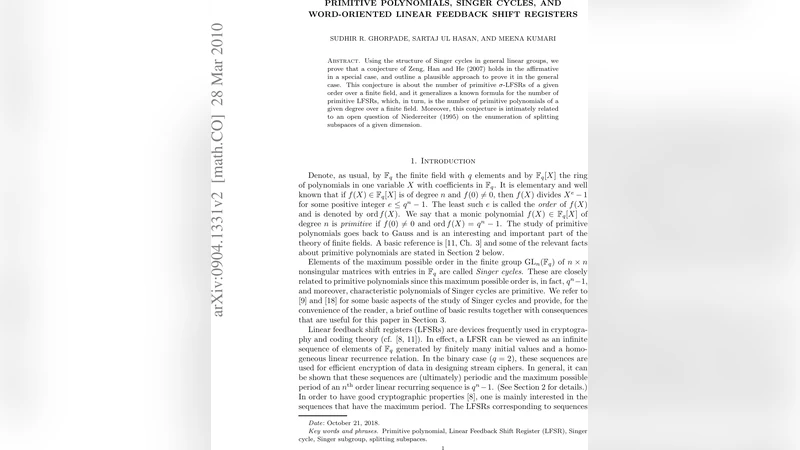 원시 다항식과 싱어 사이클 그리고 단어 지향 LFSR의 새로운 연결