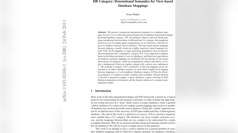 뷰 기반 데이터베이스 매핑을 위한 범주론적 의미론