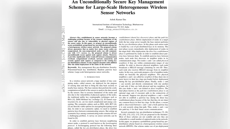 대규모 이종 무선 센서 네트워크를 위한 무조건적 보안 키 관리 기법