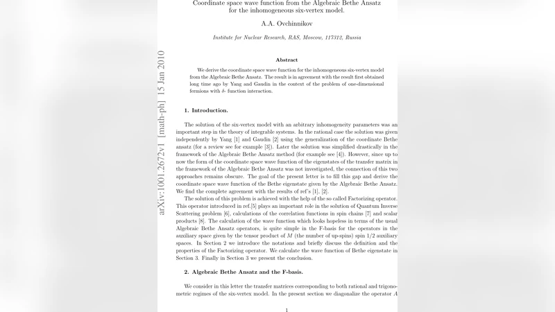 불균일 6정점 모델의 좌표 공간 파동함수와 대수적 베트 앙자트