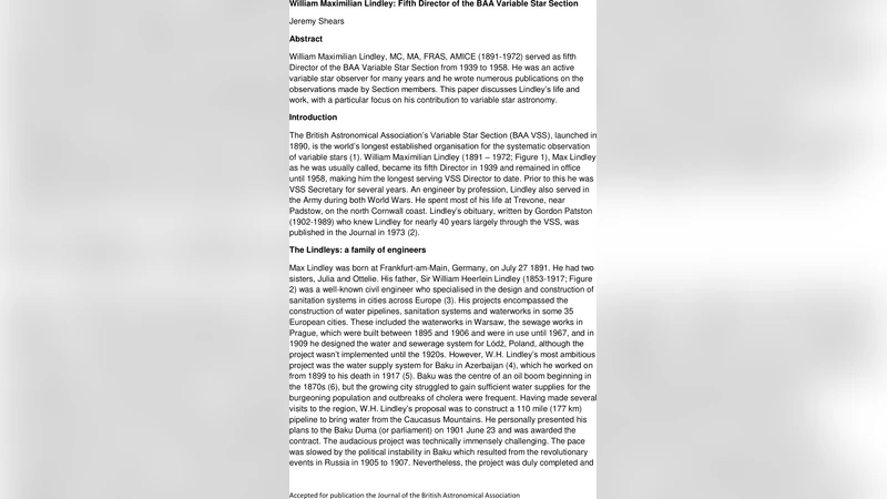 바이에른천문학회 변수성 섹션 제5대 국장 윌리엄 린들리의 삶과 유산