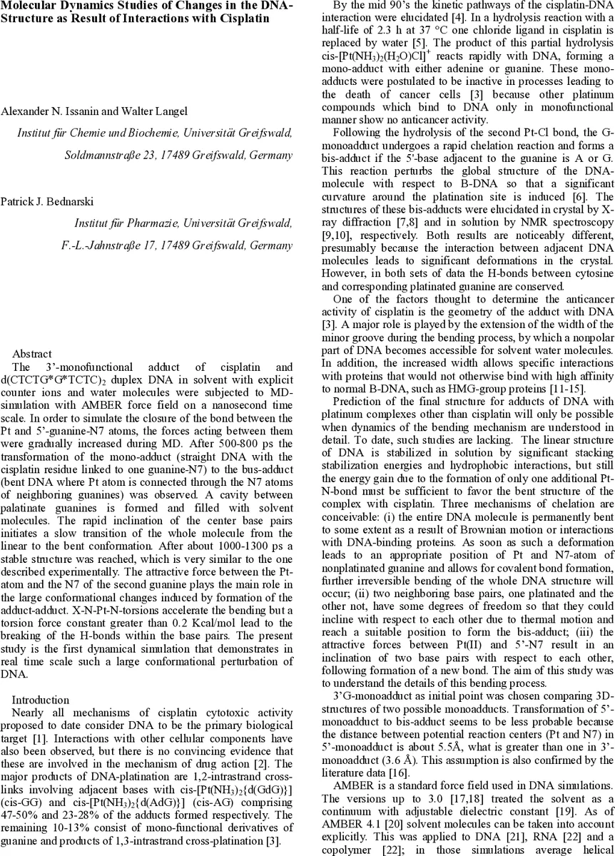 시스플라틴에 의한 DNA 구조 변형의 분자동역학 연구