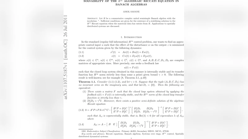 Banach 대수에서 H∞ 리카티 방정식의 안정해 존재 조건