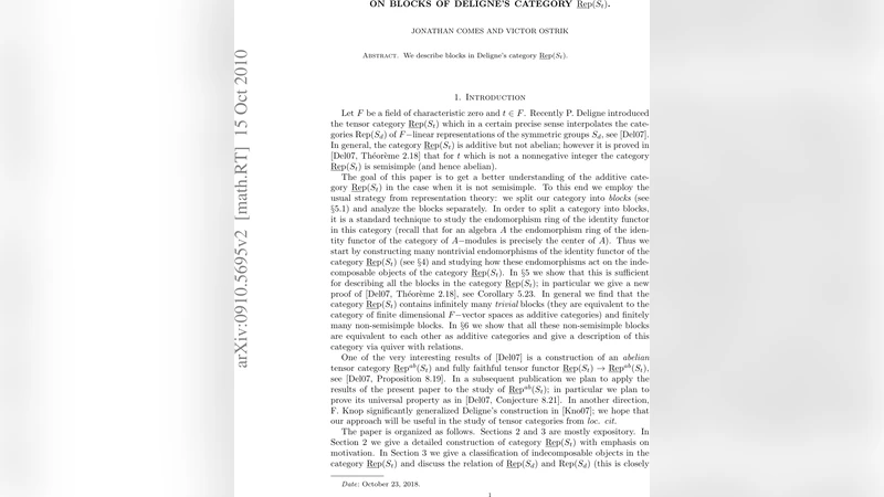 Deligne 카테고리 RepS t의 블록 구조