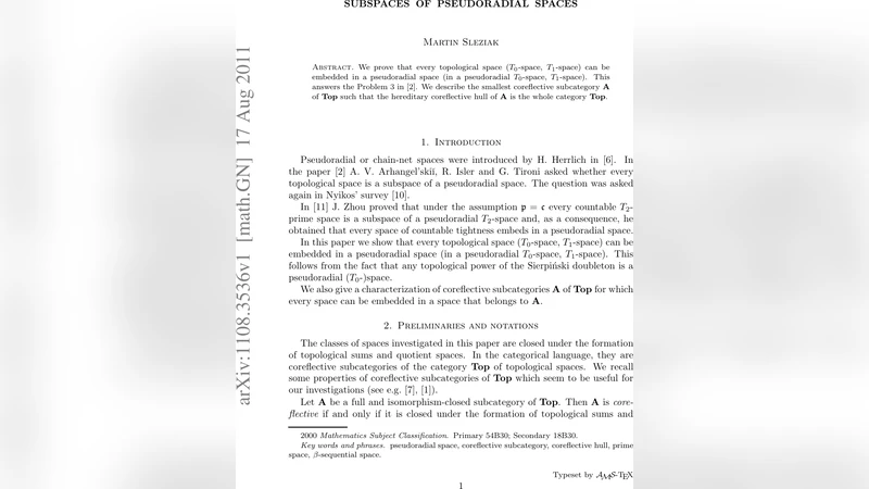 모든 위상공간을 포함하는 의사방사형 공간과 핵심반사적 범주들의 최소 구조