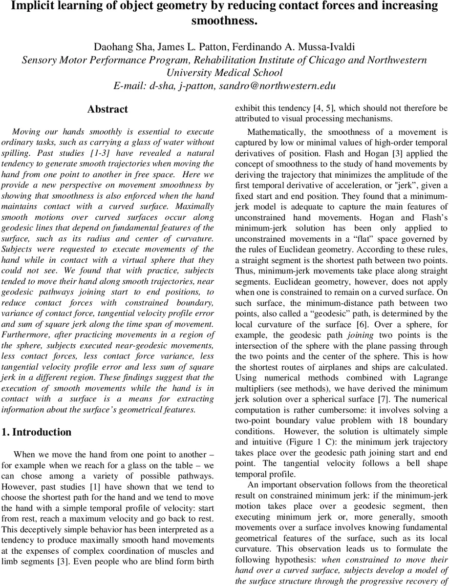 곡면 위 손 움직임의 부드러움과 접촉력 감소를 통한 암묵적 기하학 학습