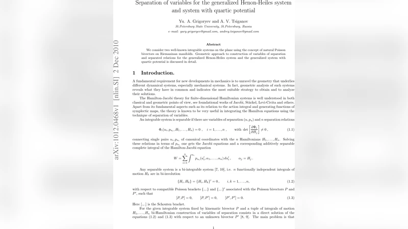 일반화된 헨온 헤일스와 사차 잠재력 시스템의 변수 분리
