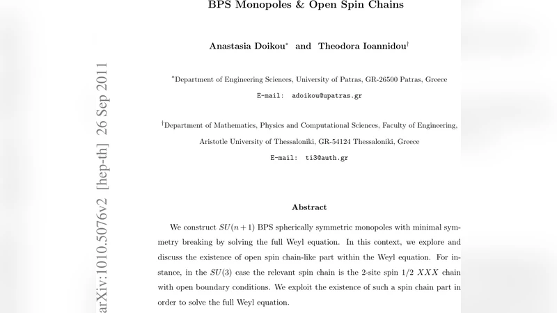 SU(n+1) BPS 구면 대칭 단극자와 열린 스핀 체인